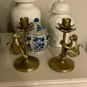 Brass chinoiserie monkey candlestick holders